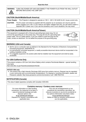 Page 66 - ENGLISH
Read this first!
WARNING:TURN THE POWER OFF AND DISCONNECT THE POWER PLUG FROM THE WALL OUTLET 
BEFORE REPLACING THE LAMP UNIT.
CAUTION (North/Middle/South America)
Power Supply: This Projector is designed to operate on 100   V - 240   V, 50   Hz/60   Hz AC, house current only.
CAUTION: The AC power cord which is supplied with the projector as an accessory can only be used for 
power supplies up to 125
  V. If you need to use higher voltages than this, you will need to obtain a 
separate 250...