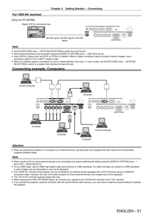 Page 51Chapter 2 Getting Started — Connecting
ENGLISH - 51
For  terminal
(Only for PT-DZ780)
SD-SDI signal, HD-SDI signal or 3G-SDI 
signal
Digital VCR for commercial use
Note
 f
Use the [PICTURE] menu  → [SYSTEM SELECTOR] to switch the input format. fSome external devices to be connected require the [DISPLA
Y OPTION] menu → [SDI IN] to be set.
 fUse a 5CFB or higher (such as 5CFB, or 7CFB) or a Belden 1694A

 or higher connection cable to properly transmit images. Use a 
connection cable of 100
  m...