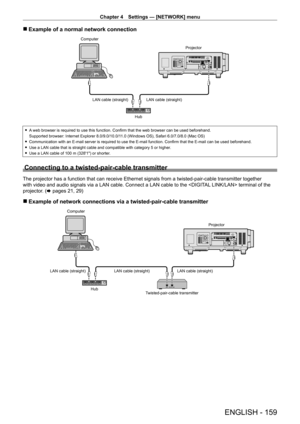 Page 159Chapter 4 Settings — [NETWORK] menu
ENGLISH - 159
 rExample of a normal network connection
Computer
Projector
LAN cable (straight) LAN cable (straight) Hub
 fA web browser is required to use this function. Confirm that the web browser can be used beforehand.
Supported browser: Internet Explorer 8.0/9.0/10.0/11.0 (Windows OS), Safari 6.0/7.0/8.0 (Mac OS)
 f Communication with an E-mail server is required to use the E-mail function. Confirm that the E-mail can be used beforehand.
 fUse a LAN cable that is...