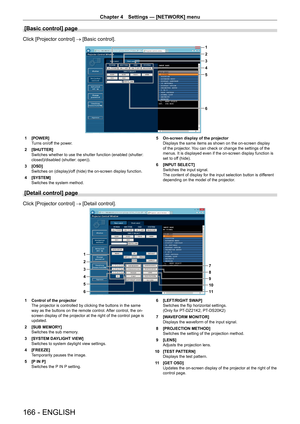 Page 166Chapter 4 Settings — [NETWORK] menu
166 - ENGLISH
[Basic control] page
Click [Projector control] → [Basic control].
1
2
3
4
6
5
1 [POWER]
T
urns on/off the power.
2
 
[SHUTTER]
Switches whether to use the shutter function (enabled (shutter: 
closed)/disabled (shutter: open)).
3

 
[OSD]
Switches on (display)/of

f (hide) the on-screen display function.
4
 
[SYSTEM]
Switches the system method. 5

 On-screen display of the projector
Displays the same items as shown on the on-screen display 
of the...