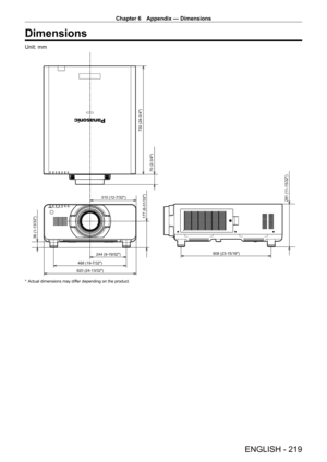 Page 219Chapter 6 Appendix — Dimensions
ENGLISH - 219
Dimensions
Unit: mm
244 (9-19/32)310 (12-7/32)
620 (24-13/32) 608 (23-15/16)
488 (19-7/32)
36 (1-13/32)
177 (6-31/32)
291 (11-15/32) 70 (2-3/4)
730 (28-3/4)
* Actual dimensions may dif
fer depending on the product.  