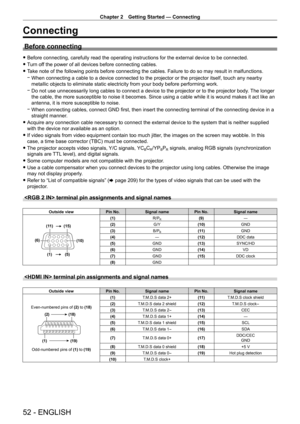 Page 52Chapter 2 Getting Started — Connecting
52 - ENGLISH
Connecting
Before connecting
 fBefore connecting, carefully read the operating instructions for the external device to be connected.
 fT

urn off the power of all devices before connecting cables.
 fT

ake note of the following points before connecting the cables. Failure to do so may result in malfunctions.
 g When connecting a cable to a device connected to the projector or the pr\
ojector itself, touch any nearby 
metallic objects to eliminate static...