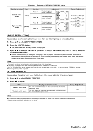 Page 97Chapter 4 Settings — [ADVANCED MENU] menu
ENGLISH - 97
Blanking correction Item OperationAdjustmentRange of adjustment
Left side of the  screen [LEFT]Press w.
The blanking zone 
moves to the right.
PT-
DZ21K2: Left to right 
0 - 959
PT
-

DS20K2: Left to right  0 - 699
PT
-

DW17K2: Left to right  0 - 682
PT
-

DZ16K2: Left to right  0 - 959
Press q.
The blanking zone 
moves to the left.
Right side of the  screen [RIGHT]Press q.
The blanking zone 
moves to the right.
Press w.The blanking zone 
moves to...