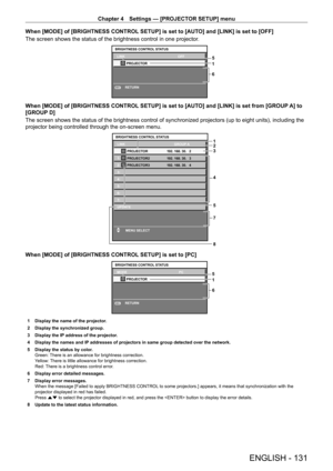 Page 131Chapter 4 Settings — [PROJECTOR SETUP] menu
ENGLISH - 131
When [MODE] of [BRIGHTNESS CONTROL SETUP] is set to [AUTO] and [LINK] is set to [OFF]
The screen shows the status of the brightness control in one projector.
5
1
6
RETURN
LINK
PROJECTOR OFF
BRIGHTNESS CONTROL STATUSMENU
When [MODE] of [BRIGHTNESS CONTROL SETUP] is set to [AUTO] and [LINK] is set from [GROUP A] to 
[GROUP D]
The screen shows the status of the brightness control of synchronized projectors (up to eight units), including the...