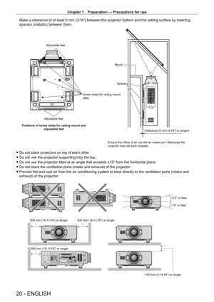 Page 20Chapter 1 Preparation — Precautions for use
20 - ENGLISH
Make a clearance of at least 5 mm (3/16") between the projector bottom and the setting surface by inserting 
spacers (metallic) between them.
Screw holes for ceiling mount 
(M6)
Adjustable feet
Clearance (5 mm (3/16) or longer)
Ensure the inflow of air into the air intake port. Otherwise the 
projector may not work properly. Spacer
Mount
Positions of screw holes for ceiling mount and  adjustable feetAdjustable feet
 f
Do not stack projectors on...