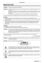 Page 5ENGLISH - 5
Read this first!
Read this first!
WARNING:THIS APPARATUS MUST BE EARTHED.
WARNING:To prevent damage which may result in fire or shock hazard, do not expose this appliance to rain 
or moisture.
This device is not intended for use in the direct field of view at visual display workplaces.  To avoid 
incommoding reflexions at visual display workplaces this device must not be placed in the direct 
field of view.
The equipment is not intended for used at a video workstation in compliance...