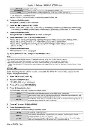 Page 114Chapter 4 Settings — [DISPLAY OPTION] menu
114 - ENGLISH
[DEFAULT]Standard setting.
[SCREEN FIT]
*1Changes EDID data according to the [SCREEN FORMAT] setting.
[USER] Sets the [RESOLUTION] and [VERTICAL SCAN FREQUENCY] items to EDID.
*1 Only for PT-DZ21K2, PT- DS20K2, PT- DZ16K2
 fWhen [DEF AULT] or [SCREEN FIT] is selected, proceed to Step  10).
6)
 
Press the  button.
 f The 

[RESOLUTION] screen is displayed.
7)
 
Press 
 asqw  to select [RESOLUTION].
 fSelect [1024x768p], [1280x720p], [1280x768p],...