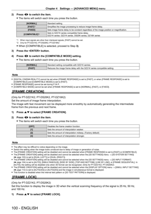 Page 100Chapter 4 Settings — [ADVANCED MENU] menu
100 - ENGLISH
2) Press qw to switch the item.
 fThe items will switch each time you press the button.
[NORMAL] Standard setting.
[FAST]
*1Simplifies the image processing to reduce image frame delay.
[FIXED] Sets image frame delay to be constant regardless of the image position or magnification.
[COMPATIBLE]
*2Sets to DZ21K series compatible frame delay.
DZ21K series: DZ21K series, DS20K series, DZ16K series
*1 When input signals are other than interlaced signals,...