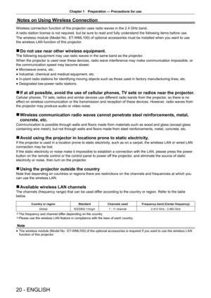 Page 20Chapter 1 Preparation — Precautions for use
20 - ENGLISH
Notes on Using Wireless Connection
Wireless connection function of the projector uses radio waves in the 2.4 GHz band.
A radio station license is not required, but be sure to read and fully understand the following items before use.
The wireless module (Model No.: ET-WML100) of optional accessories must be installed when you want to use 
the wireless LAN function of this projector.
 
r Do not use near other wireless equipment.
The following...