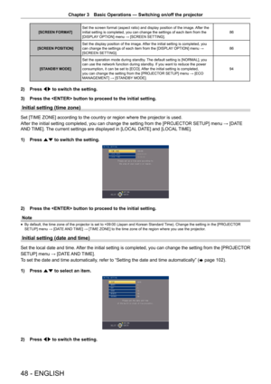 Page 48Chapter 3 Basic Operations — Switching on/off the projector
48 - ENGLISH
[SCREEN FORMAT]  Set the screen format (aspect ratio) and display position of the image. 
After the 
initial setting is completed, you can change the settings of each item from the 
[DISPLAY OPTION] menu → [SCREEN SETTING]. 86
[SCREEN POSITION] Set the display position of the image. After the initial setting is completed, you 
can change the settings of each item from the [DISPLAY OPTION] menu → 
[SCREEN SETTING]. 86
[STANDBY MODE]...