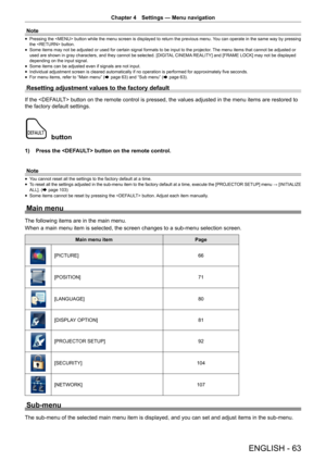 Page 63Chapter 4 Settings — Menu navigation
ENGLISH - 63
Note
 
f Pressing the  button while the menu screen is displayed to return the previous menu. 
You can operate in the same way by pressing 
the  button.
 
f Some items may not be adjusted or used for certain signal formats to be input to the projector
. The menu items that cannot be adjusted or 
used are shown in gray characters, and they cannot be selected. [DIGIT AL CINEMA REALITY] and [FRAME LOCK] may not be displayed 
depending on the input signal....