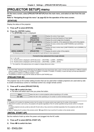Page 92Chapter 4 Settings — [PROJECTOR SETUP] menu
92 - ENGLISH
[PROJECTOR SETUP] menu
On the menu screen, select [PROJECTOR SETUP] from the main menu, and select an item from the sub-
menu.
Refer to “Navigating through the menu” (
x page 62) for the operation of the menu screen.
[STATUS]
Display the status of the projector.
1) 
Press as to select [STATUS].
2)  Press the  button.
 
f The 
[STATUS]  screen is displayed.
[SIGNAL] [NAME]
Displays the name of input signal.
[FREQUENCY] Displays the scanning...