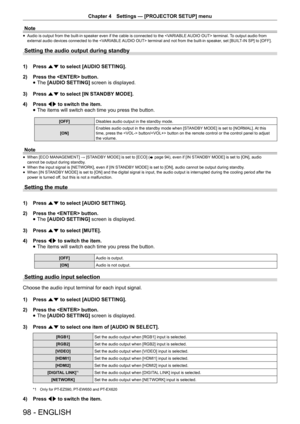 Page 98Chapter 4 Settings — [PROJECTOR SETUP] menu
98 - ENGLISH
Note
 
f Audio is output from the built-in speaker even if the cable is connected to the  terminal. To output audio from 
external audio devices connected to the  terminal and not from the built-in speaker, set [BUILT-IN SP] to [OFF].
Setting the audio output during standby
1)  Press as to select [AUDIO SETTING].
2)  Press the  button.
 
f The 
[AUDIO SETTING]  screen is displayed.
3)  Press as to select [IN STANDBY MODE].
4)  Press qw to switch...