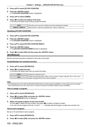 Page 100Chapter 4 Settings — [PROJECTOR SETUP] menu
100 - ENGLISH
1) 
Press as to select [FILTER COUNTER].
2)  Press the  button.
 
f The 
[FILTER COUNTER]  screen is displayed.
3)  Press as to select [TIMER].
4)  Press qw to switch the setting of the timer.
 
f The items will switch each time you press the button. 
[OFF]
Sets when you do not want to display the set time reaching alert message.
[1000 H] ~ [15000 H] Sets the timer in 1 000 hour increments from 1 000 to 15 000 hours.
Resetting [FILTER COUNTER]
1)...