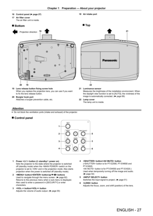 Page 27Chapter 1 Preparation — 
About your projector
ENGLISH - 27
16 Control panel ( x page 27)
17  Air filter cover
The air filter unit is inside. 18 
Air intake port
 
r Bottom
222018 21
19
 
r To p
Projection direction
19  Lens release button fixing screw hole
When you replace the projection lens, you can use if you want 
to fix the lens release button.
20  Burglar hook port
Attaches a burglar prevention cable, etc. 21 
Luminance sensor 
Measures the brightness of the installation environment. When 
the...