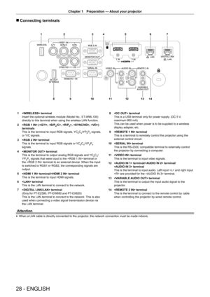 Page 28Chapter 1 Preparation — 
About your projector
28 - ENGLISH
 
r Connecting terminals
1 2 34 5 67
8 10
9 11121314
1  terminal
Insert the optional wireless module (Model No.: ET-WML100) 
directly to this terminal when using the wireless LAN function.
2   (, , , , ) 
terminals
This is the terminal to input RGB signals, YC
BCR/YPBPR signals, 
or Y/C signals.
3   terminal
This is the terminal to input RGB signals or YC
BCR/YPBPR 
signals.
4   terminal
This is the terminal to output analog RGB signals and YC...