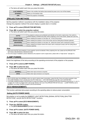 Page 93Chapter 4 Settings — [PROJECTOR SETUP] menu
ENGLISH - 93
 
f The items will switch each time you press the button.
[LAST MEMORY]
Starts in the condition that before disconnected the power cord or turn of f the breaker. 
[STANDBY] Starts up in the standby mode.
[ON] Starts the projection immediately.
[PROJECTION METHOD]
Set the projection method in accordance with the installation status of the projector .
Change the projection method if the screen display is upside down or inverted.
1)  Press as to...