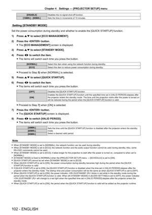 Page 102Chapter 4 Settings — [PROJECTOR SETUP] menu
102 - ENGLISH
[DISABLE]Disables the no signal shut-off function.
[10MIN.] - [90MIN.] Sets the time in increments of 10 minutes.
Setting [STANDBY MODE]
Set the power consumption during standby and whether to enable the [QUICK ST ARTUP] function.
1)  
Press 
 as to select [ECO MANAGEMENT].
2)
 
Press the  button.
 fThe 

[ECO MANAGEMENT] screen is displayed.
3)
 
Press 
 as to select [STANDBY MODE].
4)
 
Press 
 qw to switch the item.
 fThe items will switch each...