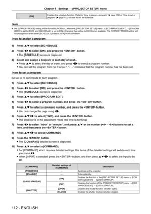 Page 112Chapter 4 Settings — [PROJECTOR SETUP] menu
112 - ENGLISH
[ON]Enables the schedule function. Refer to “How to assign a program” (
x   page   112) or “How to set a 
program” (x   page   112) for how to set the schedule.
Note
 fThe [STANDBY MODE] setting will be forced to [NORMAL] when the [PROJECTOR SETUP] menu → [ECO MANAGEMENT] → [STANDBY 
MODE] is set to [ECO], and [SCHEDULE] is set to [ON]. Changing the setting to [ECO] is not available.  The [STANDBY MODE] setting will 
not change back even when...