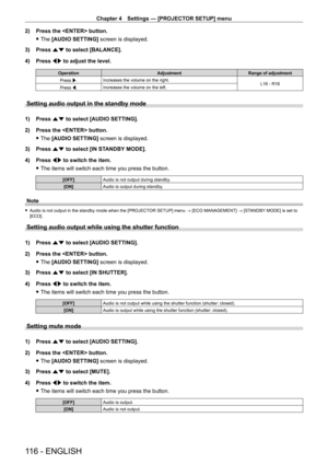Page 116Chapter 4 Settings — [PROJECTOR SETUP] menu
116 - ENGLISH
2) Press the  button.
 fThe 

[AUDIO SETTING]  screen is displayed.
3)
 
Press 
 as to select [BALANCE].
4)
 
Press 
 qw to adjust the level.
Operation AdjustmentRange of adjustment
Press w. Increases the volume on the right.
L16 - R16
Press q. Increases the volume on the left.
Setting audio output in the standby mode
1) Press 
as to select [AUDIO SETTING].
2)  
Press the  button.
 fThe 

[AUDIO SETTING]  screen is displayed.
3)
 
Press 
 as to...
