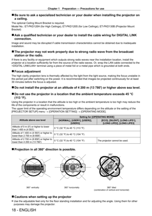 Page 18Chapter 1 Preparation — Precautions for use
18 - ENGLISH
 rBe sure to ask a specialized technician or your dealer when installing t\
he projector on 
a ceiling.
The optional Ceiling Mount Bracket is required.
Model No.: ET
-

PKD120H (for High Ceilings), ET
-
 PKD120S (for Low Ceilings), ET
-
 PKD130B (Projector Mount 
Bracket)
 r Ask a qualified technician or your dealer to install the cable wiring for DIGIT AL  LINK 
connection.
Image and sound may be disrupted if cable transmission characteristics...