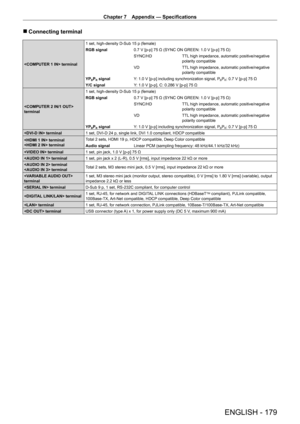 Page 179Chapter 7 Appendix — Specifications
ENGLISH - 179
 rConnecting terminal
 terminal 1 set, high-density D - Sub 15   p (female)
RGB signal 0.7   V [p-p] 75   Ω (SYNC ON GREEN: 1.0   V [p-p] 75   Ω)
SYNC/HD TTL high impedance, automatic positive/negative 
polarity compatible
VD TTL high impedance, automatic positive/negative 
polarity compatible
YP
BPR signal Y: 1.0   V [p-p] including synchronization signal, PBPR: 0.7 V [p-p] 75 Ω
Y/C signal Y
: 1.0
 
V [p-p], C: 0.286
 
V [p-p] 75
 
Ω
 
terminal 1 set,...