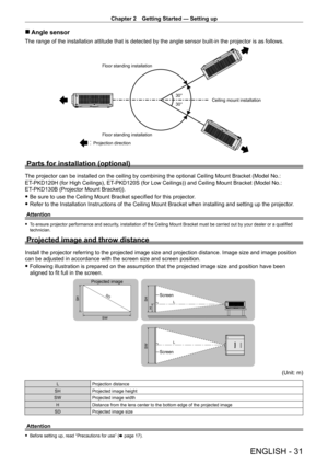 Page 31Chapter 2 Getting Started — Setting up
ENGLISH - 31
 rAngle sensor
The range of the installation attitude that is detected by the angle sen\
sor built-in the projector is as follows.
30° 30°
Floor standing installation
Floor standing installation
Projection direction Ceiling mount installation
Parts for installation (optional)
The projector can be installed on the ceiling by combining the optional Ceiling Mount Bracket (Model No.: 
ET
-

PKD120H (for High Ceilings), ET
-
 PKD120S (for Low Ceilings)) and...