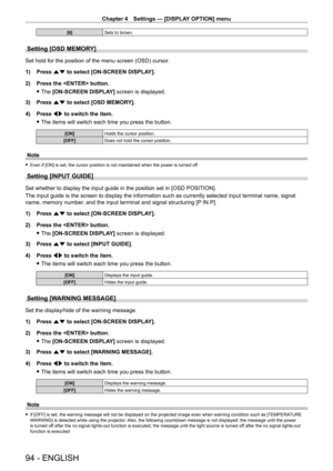 Page 94Chapter 4 Settings — [DISPLAY OPTION] menu
94 - ENGLISH
[6]Sets to brown.
Setting [OSD MEMORY]
Set hold for the position of the menu screen (OSD) cursor.
1)
 
Press 
 as to select [ON-SCREEN DISPLAY].
2)
 
Press the  button.
 fThe 

[ON-SCREEN DISPLAY] screen is displayed.
3)
 
Press 
 as to select [OSD MEMORY].
4)
 
Press 
 qw to switch the item.
 fThe items will switch each time you press the button.
[ON] Holds the cursor position.
[OFF] Does not hold the cursor position.
Note
 fEven if [ON] is set,...