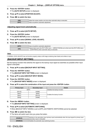 Page 116Chapter 4 Settings — [DISPLAY OPTION] menu
116 - ENGLISH
2) Press the  button.
 fThe 

[AUTO SETUP] screen is displayed.
3)
 
Press 
 as to select [POSITION ADJUST].
4)
 
Press 
 qw to switch the item.
[ON] Adjust the screen position and size when automatic setup is executed.
[OFF] Does not perform automatic adjustment.
Adjusting signal level automatically
1) Press as to select [AUTO SETUP].
2)  
Press the  button.
 fThe 

[AUTO SETUP] screen is displayed.
3)
 
Press 
 as to select [SIGNAL LEVEL...