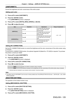Page 129Chapter 4 Settings — [DISPLAY OPTION] menu
ENGLISH - 129
[UNIFORMITY]
Correct the brightness and color unevenness of the entire screen.
Setting each color
1) Press as to select [UNIFORMITY].
2)  
Press the  button.
 fThe 

[UNIFORMITY] screen is displayed.
3)
 
Press 
 as to select [WHITE], [RED], [GREEN], or [BLUE].
4)
 
Press 
 qw to adjust the level.
Item Operation AdjustmentRange of adjustment
[VERTICAL] Press w.
The lower-side color becomes 
pale, or the upper-side color 
becomes dark.
-127 - +127...