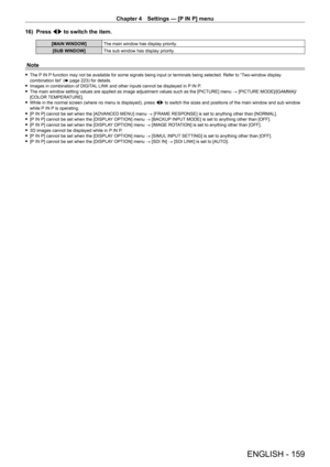 Page 159Chapter 4 Settings — [P IN P] menu
ENGLISH - 159
16) Press qw to switch the item.
[MAIN WINDOW] The main window has display priority.
[SUB WINDOW] The sub window has display priority.
Note
 fThe P IN P function may not be available for some signals being input or terminals being selected. Refer to “Two-window display 
combination list” ( x
  page   223) for details.
 fImages in combination of DIGIT

AL LINK and other inputs cannot be displayed in P IN P.
 fThe main window setting values are applied as...
