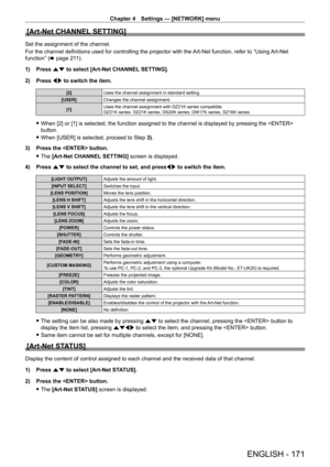 Page 171Chapter 4 Settings — [NETWORK] menu
ENGLISH - 171
[Art-Net CHANNEL SETTING]
Set the assignment of the channel.
For the channel definitions used for controlling the projector with the Art-Net function, refer to “Using Art-Net 
function” (x
  page   211).
1)
 
Press 
 as to select [Art-Net CHANNEL SETTING].
2)
 
Press 
 qw to switch the item.
[2] Uses the channel assignment in standard setting.
[USER] Changes the channel assignment.
[1] Uses the channel assignment with DZ21K series compatible.
DZ21K...