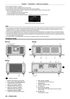 Page 28Chapter 1 Preparation — About your projector
28 - ENGLISH
 fAvoid contact with liquids or moisture. fDo not attempt to modify or disassemble the remote control. fDo not swing the remote control holding onto the strap when a strap is a\
ttached. fObserve the following instructions that are indicated on the caution label at the back of the remote control: gDo not use old battery with new one. gDo not use batteries other than the type specified. gBe sure the batteries are inserted properly

.
For other...