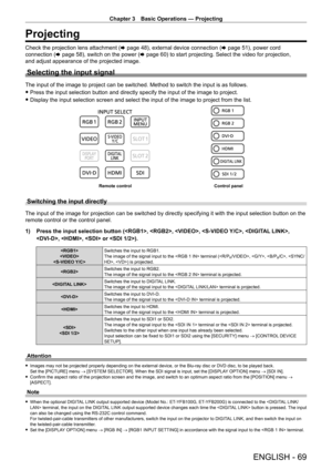 Page 69Chapter 3 Basic Operations — Projecting
ENGLISH - 69
Projecting
Check the projection lens attachment (x   page   48), external device connection (x   page   51), power cord 
connection ( x
  page   58), switch on the power ( x
  page   60) to start projecting. Select the video for projection, 
and adjust appearance of the projected image.
Selecting the input signal
The input of the image to project can be switched. Method to switch the input is as follows.
 f Press the input selection button and directly...