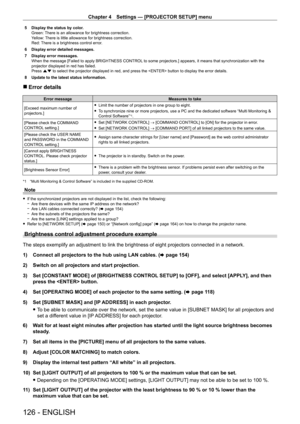 Page 126Chapter 4 Settings — [PROJECTOR SETUP] menu
126 - ENGLISH
5 Display the status by color.
Green: There is an allowance for brightness correction.
Yellow: There is little allowance for brightness correction.
Red: There is a brightness control error.
6
 
Display error detailed messages.
7

 
Display error messages.
When the message [Failed to apply BRIGHTNESS CONTROL

 to some projectors.] appears, it means that synchronization with the 
projector displayed in red has failed.
Press as to select the...