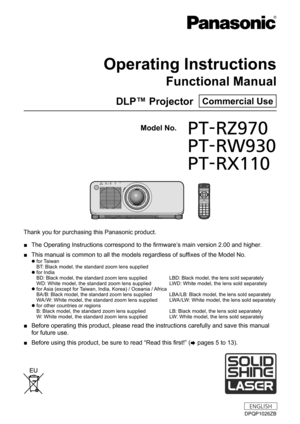 Page 1Thank you for purchasing this Panasonic product.
 ■The Operating Instructions correspond to the firmware’

s main version 2.00 and higher.
 ■This manual is common to all the models regardless of suffixes of the Model No.
 zfor Taiwan
BT: Black model, the standard zoom lens supplied
 z for India
BD: Black model, the standard zoom lens supplied   L
BD: Black model, the lens sold separately
WD: White model, the standard zoom lens supplied   LWD: White model, the lens sold separately
 zfor 

Asia (except for...