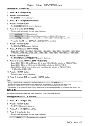 Page 105Chapter 4 Settings — [DISPLAY OPTION] menu
ENGLISH - 105
Setting [RGB2 EDID MODE]
1) Press as to select [RGB IN].
2)  
Press the  button.
 fThe 

[RGB IN] screen is displayed.
3)
 
Press 
 as to select [RGB2 EDID MODE].
4)
 
Press the  button.
 fThe 

[RGB2 EDID MODE] screen is displayed.
5)
 
Press 
 qw to switch [EDID MODE].
 fThe items will switch each time you press the button.
[DEFAULT] Standard setting.
[SCREEN FIT] Changes the EDID data according to the [SCREEN FORMAT] setting.
[USER] Sets the...