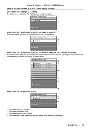Page 127Chapter 4 Settings — [PROJECTOR SETUP] menu
ENGLISH - 127
[BRIGHTNESS CONTROL STATUS] screen display example
When [CONSTANT MODE] is set to [OFF]
The screen shows the status that the brightness control is disabled.
1
RETURN
BRIGHTNESS CONTROL STATUS
CONSTANT MODE PROJECTOR OFFMENU
When [CONSTANT MODE] is set to [AUTO], and [LINK] is set to [OFF]
The screen shows the status of the brightness control in one projector
.
5
1
6
RETURN
LINK
PROJECTOR OFF
BRIGHTNESS CONTROL STATUSMENU
When [CONSTANT MODE] is...