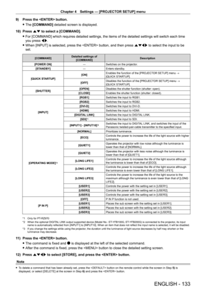 Page 133Chapter 4 Settings — [PROJECTOR SETUP] menu
ENGLISH - 133
9) Press the  button.
 fThe 

[COMMAND] detailed screen is displayed.
10)
 
Press 
 as to select a [COMMAND].
 fFor [COMMAND] which requires detailed settings, the items of the detailed settings will switch each time 
you press 

qw.
 fWhen [INPUT] is selected, press the  button, and then press 

asqw to select the input to be 
set.
[COMMAND] Detailed settings of 
[COMMAND] Description
[POWER ON] ―Switches on the projector.
[STANDBY] ―Enters...