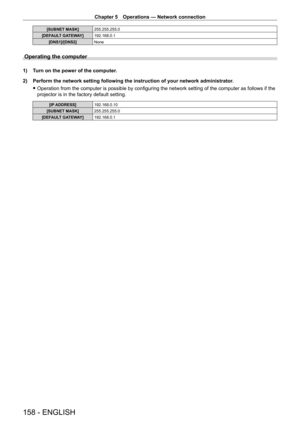 Page 158Chapter 5 Operations — Network connection
158 - ENGLISH
[SUBNET MASK]255.255.255.0
[DEFAULT GATEWAY] 192.168.0.1
[DNS1]/[DNS2] None
Operating the computer
1) Turn on the power of the computer.
2)
 
Perform the network setting following the instruction of your network ad\
ministrator
 .
 fOperation from the computer is possible by configuring the network setting of the computer as follows if the 
projector is in the factory default setting.
[IP ADDRESS] 192.168.0.10
[SUBNET MASK] 255.255.255.0
[DEFAULT...