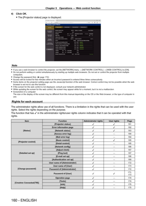 Page 160Chapter 5 Operations — Web control function
160 - ENGLISH
4) Click OK.
 fThe [Projector status] page is displayed.
Note
 f If you use a web browser to control the projector , set the [NETWORK] menu → [NETWORK CONTROL] → [WEB CONTROL] to [ON]. fDo not perform setting or control simultaneously by starting up multiple web browsers. Do not set or control the projector from multiple 
computers.
 fChange the password first. ( x

  page   172)
 fAccess will be locked for few minutes when an incorrect password...