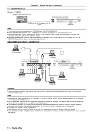 Page 52Chapter 2 Getting Started — Connecting
52 - ENGLISH
For  terminal
(Only for PT-RZ970)
SD-SDI signal, HD-SDI signal, or 3G-SDI 
signal
Digital VCR for commercial use
Note
 f
The input format can be switched using the [PICTURE] menu  →  [SYSTEM SELECTOR]. fSetting of the [DISPLA
Y OPTION] menu → [SDI IN] may be necessary depending on the connected external device.
 fUse a connection cable 5CFB or higher (such as 5CFB or 7CFB), or Belden 1694A  or higher to properly transmit the image. Use a 
connection...
