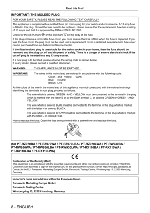 Page 88 - ENGLISH
Read this first!
IMPORTANT: THE MOLDED PLUG
FOR YOUR SAFETY, PLEASE READ THE FOLLOWING TEXT CAREFULLY.
This appliance is supplied with a molded three pin mains plug for your safety and convenience. A 13 amp fuse 
is fitted in this plug. Should the fuse need to be replaced, please ensure that the replacement fuse has a rating 
of 13 amps and that it is approved by ASTA or BSI to BS1362.
Check for the ASTA mark 
 or the BSI mark  on the body of the fuse.
If the plug contains a removable fuse...