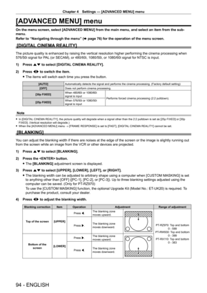 Page 94Chapter 4 Settings — [ADVANCED MENU] menu
94 - ENGLISH
[ADVANCED MENU] menu
On the menu screen, select [ADVANCED MENU] from the main menu, and select an item from the sub‑
menu.
Refer to “Navigating through the menu” (x

  page   76) for the operation of the menu screen.
[DIGITAL CINEMA REALITY]
The picture quality is enhanced by raising the vertical resolution higher performing the cinema processing when 
576/50i signal for PAL (or SECAM), or 480/60i, 1080/50i, or 1080/60i signal for NTSC is input.
1)...