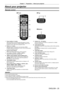 Page 25Chapter 1 Preparation — About your projector
ENGLISH - 25
About your projector
Remote control
1
3 2
4
5
7 6
8
9
10 15 12 11
13
14 16
17
Front To p
Bottom
1 Power standby  button
Sets the projector to the state where the projector is turned 
off (standby mode) when the  switch on the 
projector is set to  and in projection mode.
2
 
Power on < b

> button
Sets the projector to projection mode when the  switch on the projector is set to  and the power 
is turned off (standby mode).
3
 
Remote control...