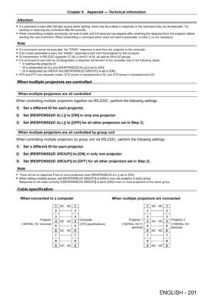 Page 201Chapter 6 Appendix — Technical information
ENGLISH - 201
Attention
 fIf a command is sent after the light source starts lighting, there may be a delay in response or the command may not be executed.  T ry 
sending or receiving any command after 60 seconds.
 f When transmitting multiple commands, be sure to wait until 0.5 seconds h\
as elapsed after receiving the response from the projector before 
sending the next command. When transmitting a command which does not need a parameter , a colon (:) is not...