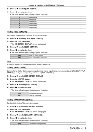 Page 119Chapter 4 Settings — [DISPLAY OPTION] menu
ENGLISH - 119
3) Press as to select [OSD DESIGN].
4)  
Press 
 qw to switch the item.
 fThe items will switch each time you press the button.
[1] Sets to yellow.
[2] Sets to blue.
[3] Sets to white.
[4] Sets to green.
[5] Sets to peach.
[6] Sets to brown.
Setting [OSD MEMORY]
Set hold for the position of the menu screen (OSD) cursor.
1)
 
Press 
 as to select [ON-SCREEN DISPLAY].
2)
 
Press the  button.
 fThe 

[ON-SCREEN DISPLAY] screen is displayed.
3)
 
Press...
