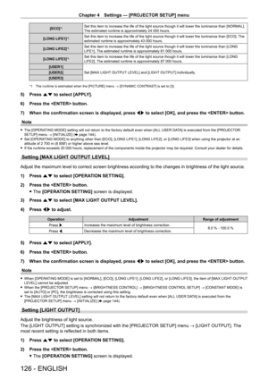 Page 126Chapter 4 Settings — [PROJECTOR SETUP] menu
126 - ENGLISH
[ECO]*1Set this item to increase the life of the light source though it will lower the luminance than [NORMAL]. 
The estimated runtime is approximately 24  000 hours.
[LONG LIFE1]
*1Set this item to increase the life of the light source though it will lower the luminance than [ECO].  The 
estimated runtime is approximately 43   000 hours.
[LONG LIFE2]
*1Set this item to increase the life of the light source though it will lower the luminance than...
