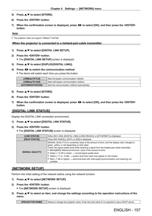 Page 157Chapter 4 Settings — [NETWORK] menu
ENGLISH - 157
5) Press as to select [STORE].
6)  
Press the  button.
7)

 
When the confirmation screen is displayed, press  qw

 to select [OK], and then press the  
button.
Note
 f The projector does not support 10BaseT  Full/Half.
When the projector is connected to a twisted-pair-cable transmitter
1) Press as to select [DIGITAL LINK SETUP].
2)  
Press the  button.
 fThe 

[DIGITAL LINK SETUP] screen is displayed.
3)
 
Press 
 as to select [DUPLEX(DIGITAL LINK)].
4)...
