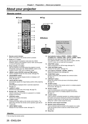 Page 26Chapter 1 Preparation — About your projector
26 - ENGLISH
About your projector
Remote control
1
2
6 4
7 5
8
9
10 3
13 12 11
20
14
15
16
23
17
18
19 21
22
Front To p
Bottom
A strap can be attached 
depending on the usage.
1 Remote control indicator
Blinks if any button in the remote control is pressed.
2
 
Power on < b

> button
Sets the projector to projection mode when the  switch on the projector is set to  and the power 
is turned off (standby mode).
3
 
Power standby <
 v> button
Sets the projector...